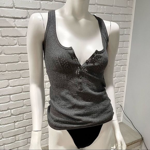 ZADIG & VOLTAIRE “DONELLI” GRAY TEXTURED CLOVER PATTERN HENLEY PIQUÉ TANK TOP - Picture 2 of 16